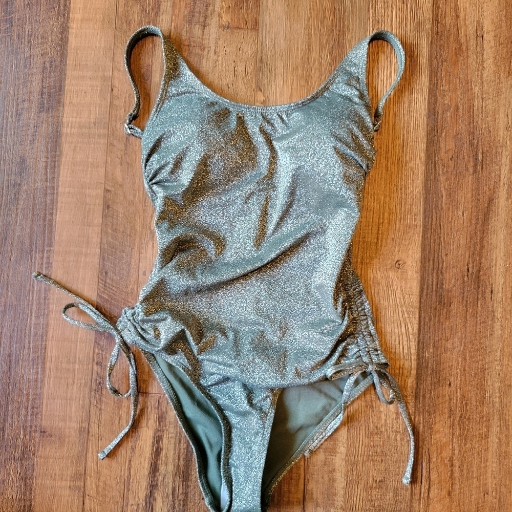 Xhilaration Green Sparkle Metallic Side Cinche One Piece Swimsuit